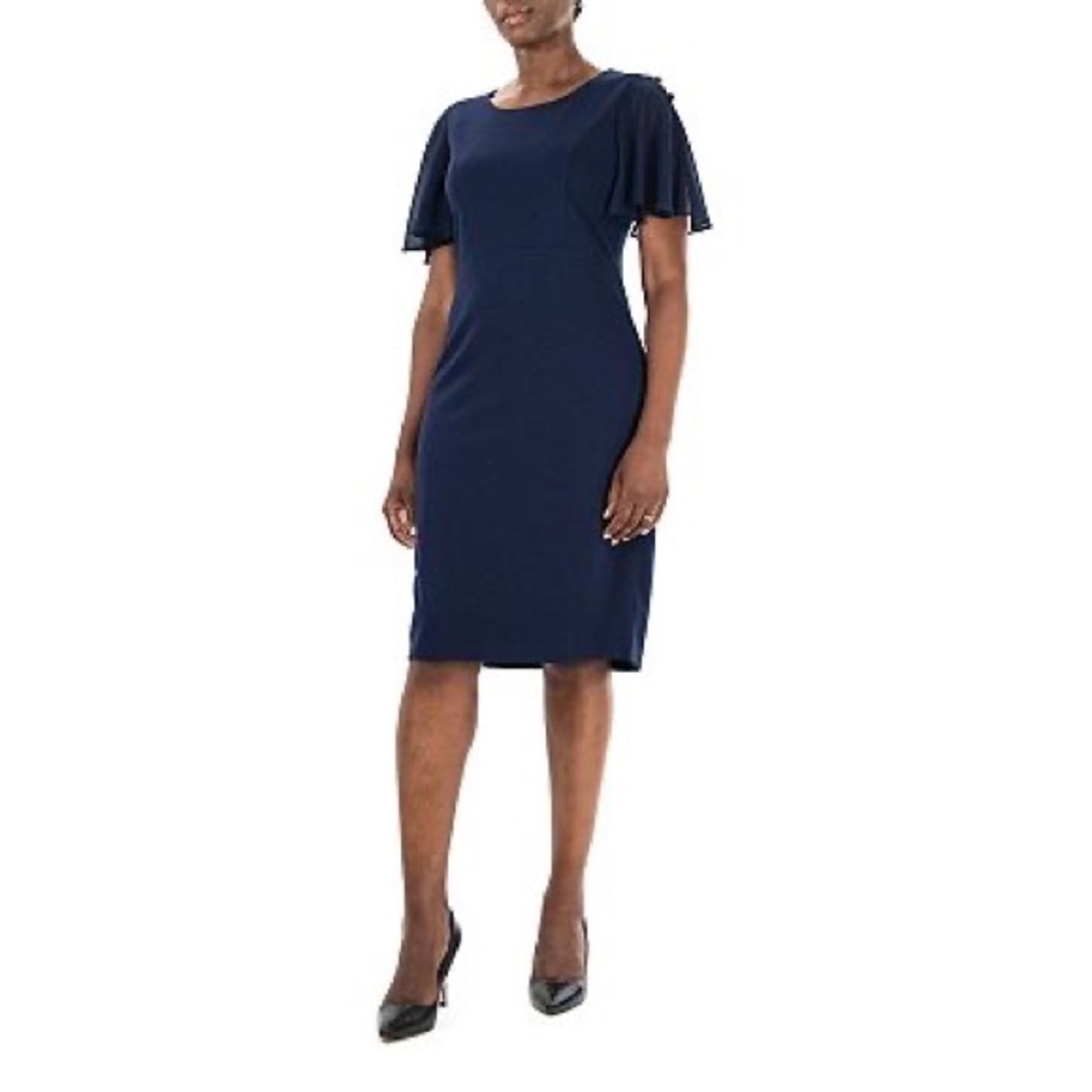 Nina Leonard Flutter Sleeve Navy Sheath Dress